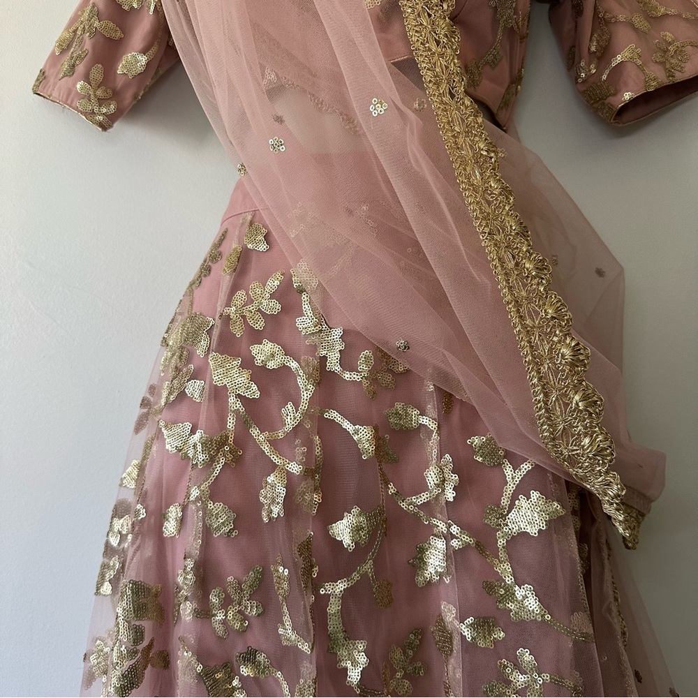 Blush Embroidered Indian Wedding Two Piece Dress with Gold Accents - Picture 3 of 16